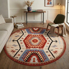 Round Area Rug, 4 Ft, Hand-Knotted Wool and Silk with Oriental Pattern