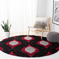 Round Area Rug, 6 ft 7 in, Geometric Pattern in Red, Black and Gray