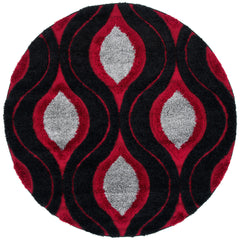 Round Area Rug, 6 ft 7 in, Geometric Pattern in Red, Black and Gray