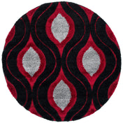 Round Area Rug, 6 ft 7 in, Geometric Pattern in Red, Black and Gray