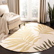 Round Area Rug, 6 Ft, Beige Wool with Floral Pattern
