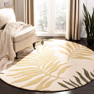 Round Area Rug, 6 Ft, Beige Wool with Floral Pattern