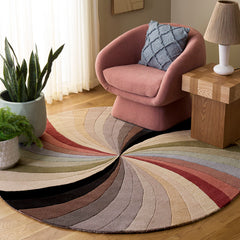 Round Area Rug, 6 Ft, Pink and Beige in Wool