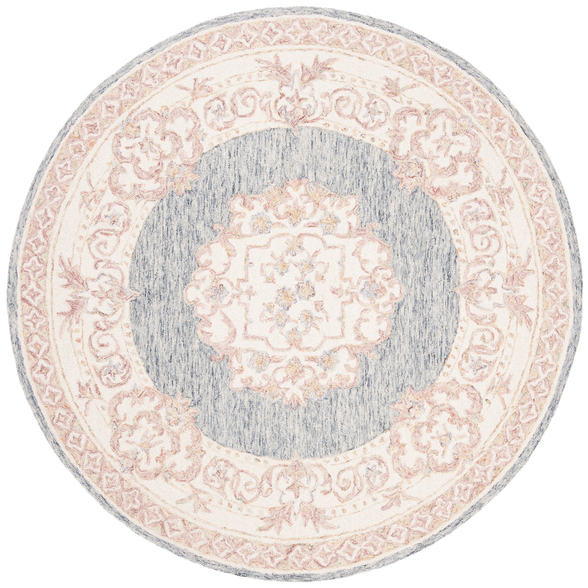 Round Area Rug, 6 Ft, Pink and Blue Wool
