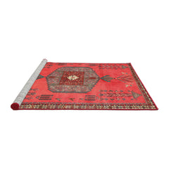 Round Area Rug, 7 Ft, Red Chenille with Oriental Pattern