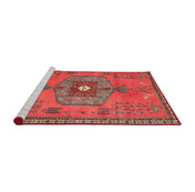 Round Area Rug, 7 Ft, Red Chenille with Oriental Pattern