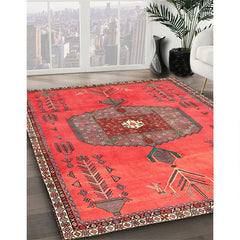 Round Area Rug, 7 Ft, Red Chenille with Oriental Pattern