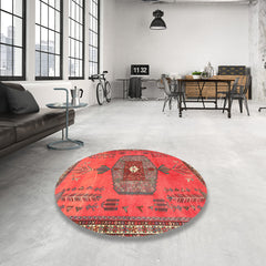Round Area Rug, 7 Ft, Red Chenille with Oriental Pattern