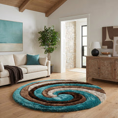 Round Area Rug, 7 Ft with Brown, Blue and Black Abstract Pattern