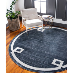 Round Area Rug, 8 Ft, Blue Polypropylene with Geometric Pattern