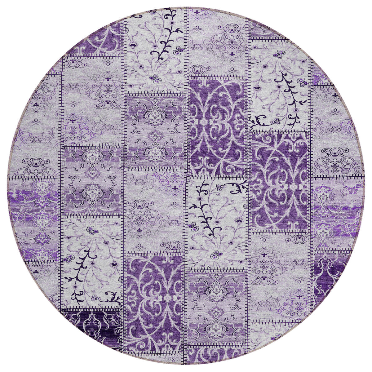 Round Area Rug, 8 Ft, Purple Polyester with Patchwork Pattern