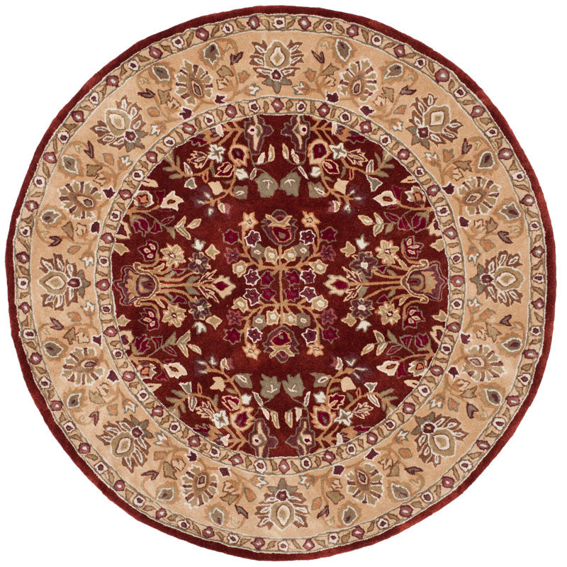 Round Area Rug, 8 Ft, Red and Brown Floral with Hand Woven Polyester