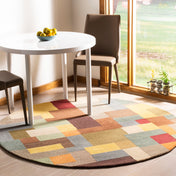 Round Area Rug, 8 Ft, Wool with Beige, Blue and Brown