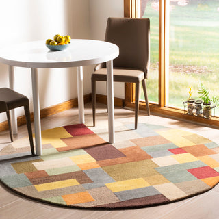 Round Area Rug, 8 Ft, Wool with Beige, Blue and Brown