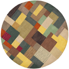 Round Area Rug, 8 Ft, Wool with Beige, Blue and Brown