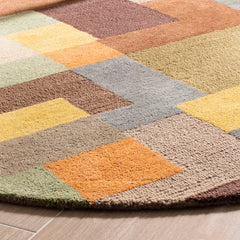 Round Area Rug, 8 Ft, Wool with Beige, Blue and Brown