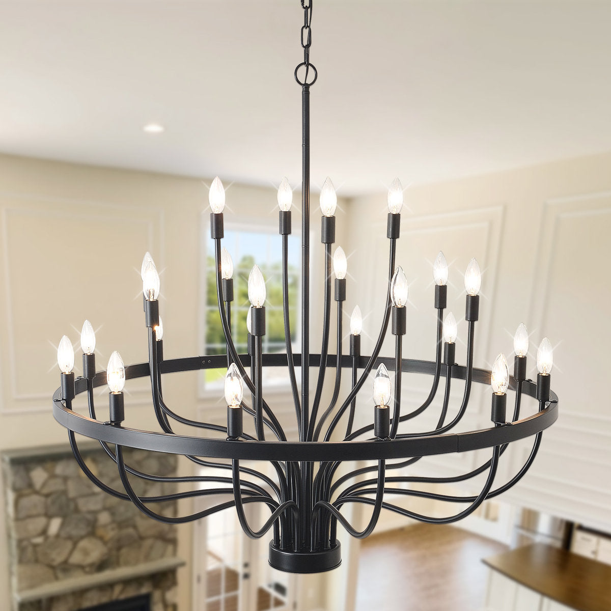 Round Candle Chandelier, 24-Light, Matte Black with Adjustable Chains