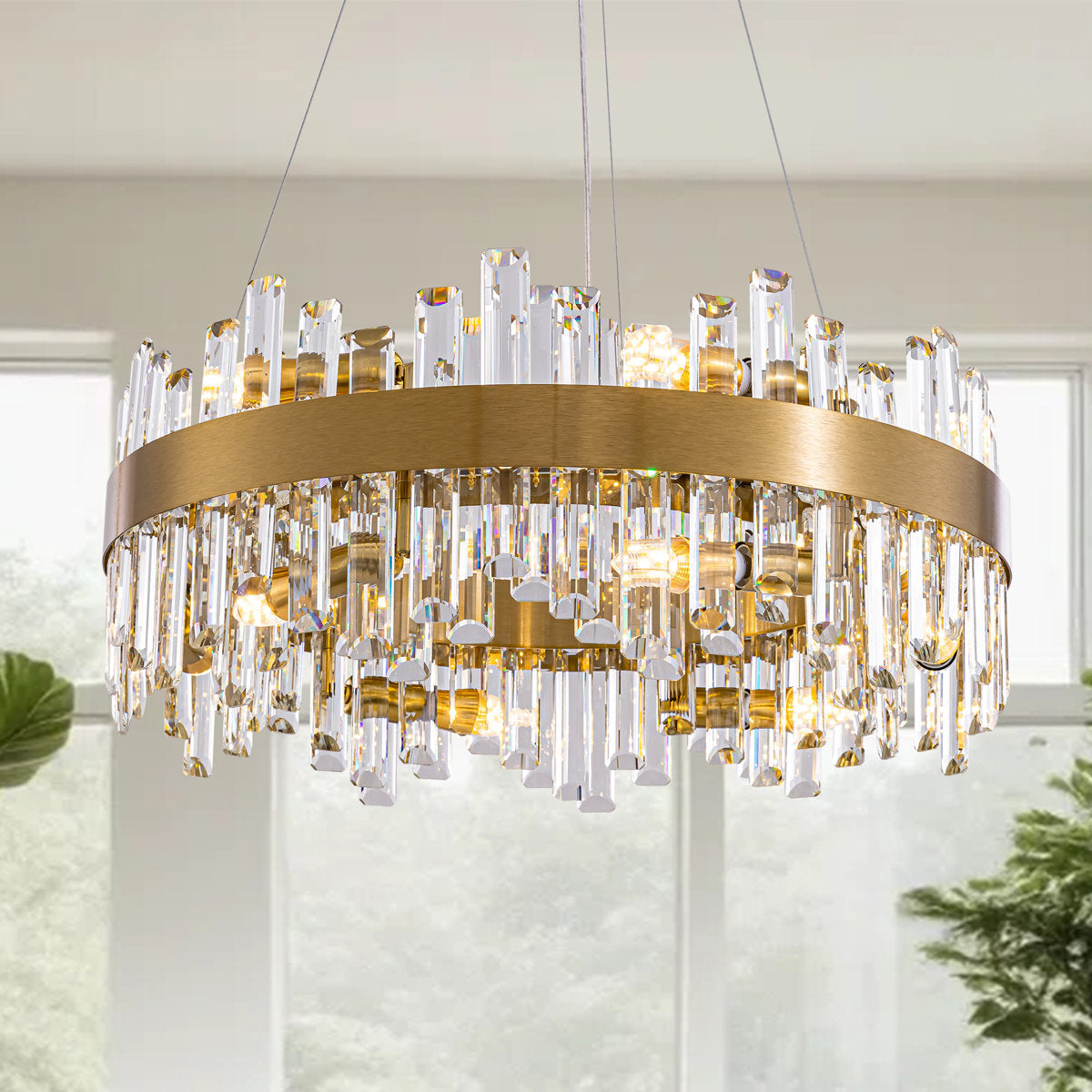 Round Chandelier, 12 Lights, Gold Metal Frame with Clear Crystal Shade