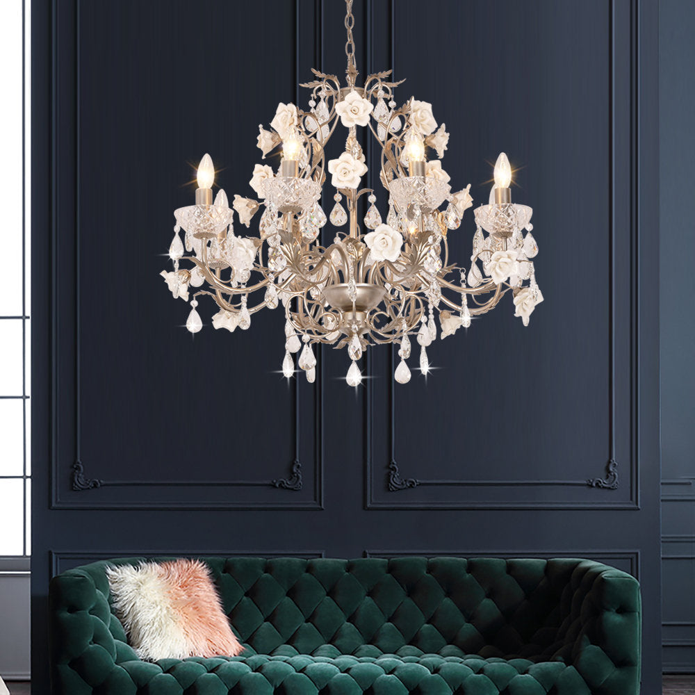 Round Chandelier, 8 Lights, 3 Tiers, Silver Metal with Crystal