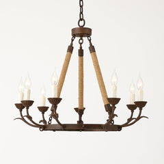 Round Chandelier with Hemp Rope Stems in Rust Finish