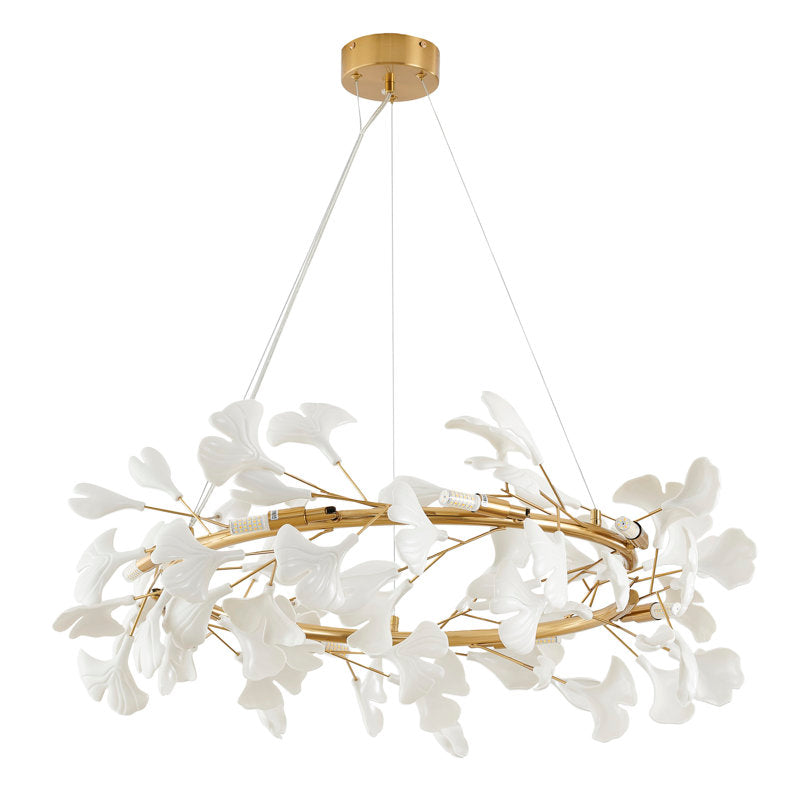 Round Chandelier with Iron Frame and Matte White Leaf Petals