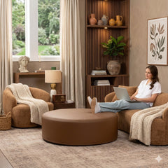 Round Cocktail Ottoman, 44 Inch Fabric Cover, Walnut