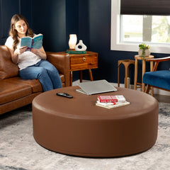 Round Cocktail Ottoman, 44 Inch Fabric Cover, Walnut