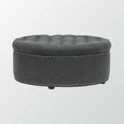 Round Cocktail Ottoman in Linen Blend with Black Wood Legs