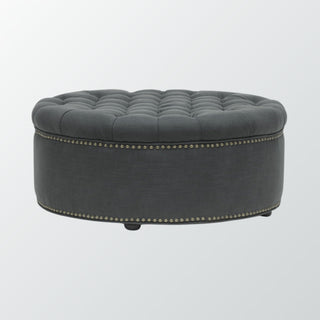 Round Cocktail Ottoman in Linen Blend with Black Wood Legs