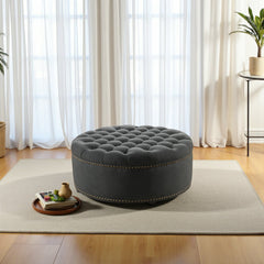 Round Cocktail Ottoman in Linen Blend with Black Wood Legs