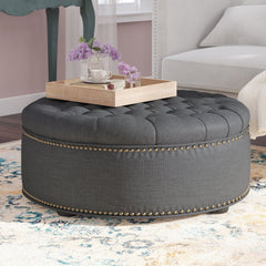 Round Cocktail Ottoman in Linen Blend with Black Wood Legs