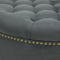 Round Cocktail Ottoman in Linen Blend with Black Wood Legs