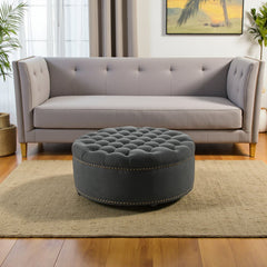 Round Cocktail Ottoman in Linen Blend with Black Wood Legs