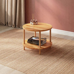 Round Coffee Table, 22.4 in Diameter, Brown Solid Beech Wood