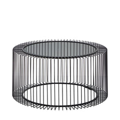 Round Coffee Table, 32 in Wide, Black Glass Top with Black Metal Frame