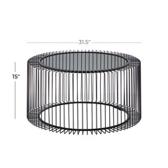 Round Coffee Table, 32 in Wide, Black Glass Top with Black Metal Frame