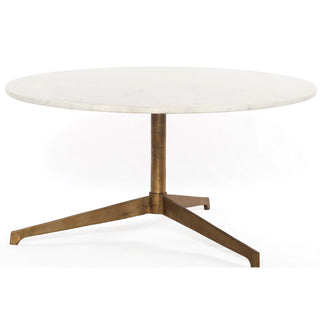 Round Coffee Table, 32 in Wide, White Marble Top with Raw Brass Base