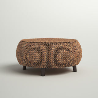 Round Coffee Table, 33 in Diameter with Wicker Top and Wood Base