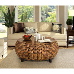 Round Coffee Table, 33 in Diameter with Wicker Top and Wood Base