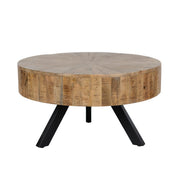 Round Coffee Table, 34 in Diameter, Natural Mango Wood with Iron Base