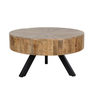 Round Coffee Table, 34 in Diameter, Natural Mango Wood with Iron Base