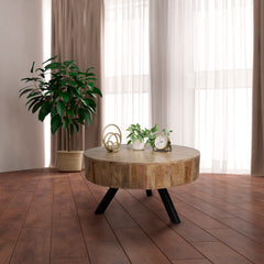 Round Coffee Table, 34 in Diameter, Natural Mango Wood with Iron Base