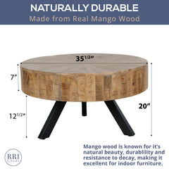 Round Coffee Table, 34 in Diameter, Natural Mango Wood with Iron Base