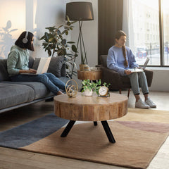 Round Coffee Table, 34 in Diameter, Natural Mango Wood with Iron Base