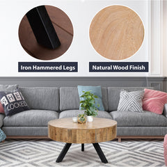 Round Coffee Table, 34 in Diameter, Natural Mango Wood with Iron Base
