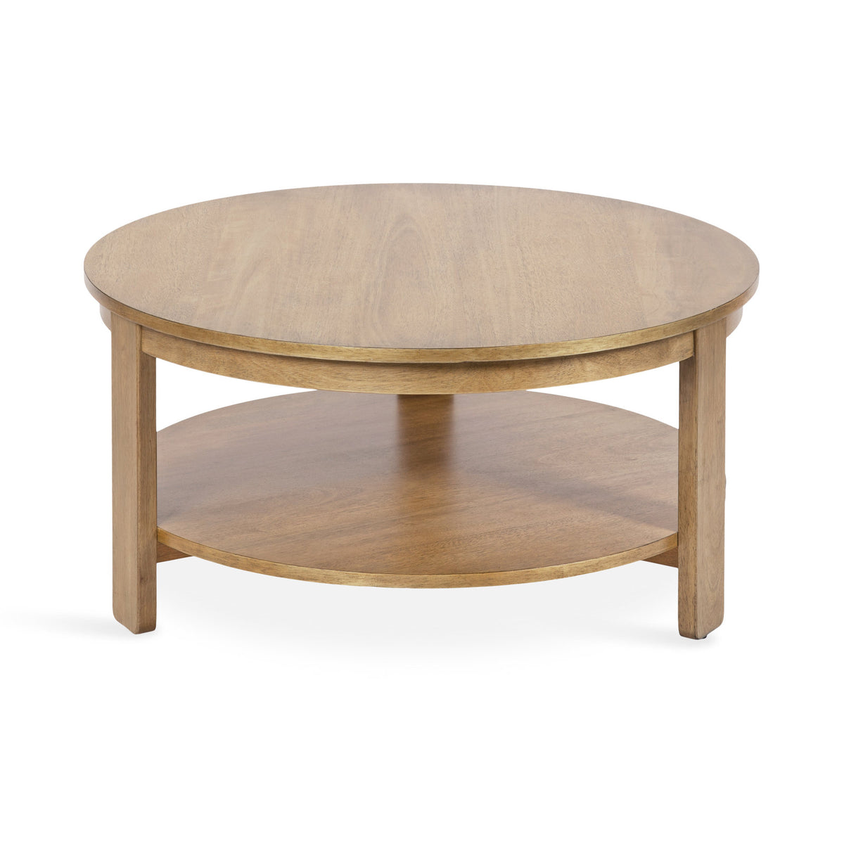 Round Coffee Table, 34 In Diameter, Natural Wood with Lower Shelf