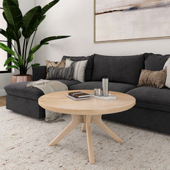 Round Coffee Table, 36 In Diameter, Solid Wood in Blonde