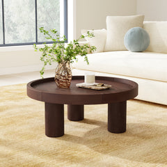 Round Coffee Table, 36 Inch, Solid and Engineered Wood in Walnut