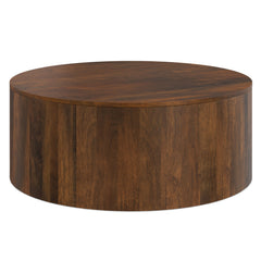 Round Coffee Table, 36-Inch, Solid Mango Wood with Drum Base
