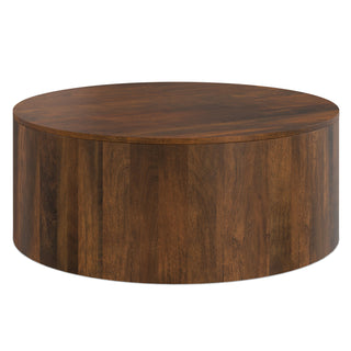 Round Coffee Table, 36-Inch, Solid Mango Wood with Drum Base